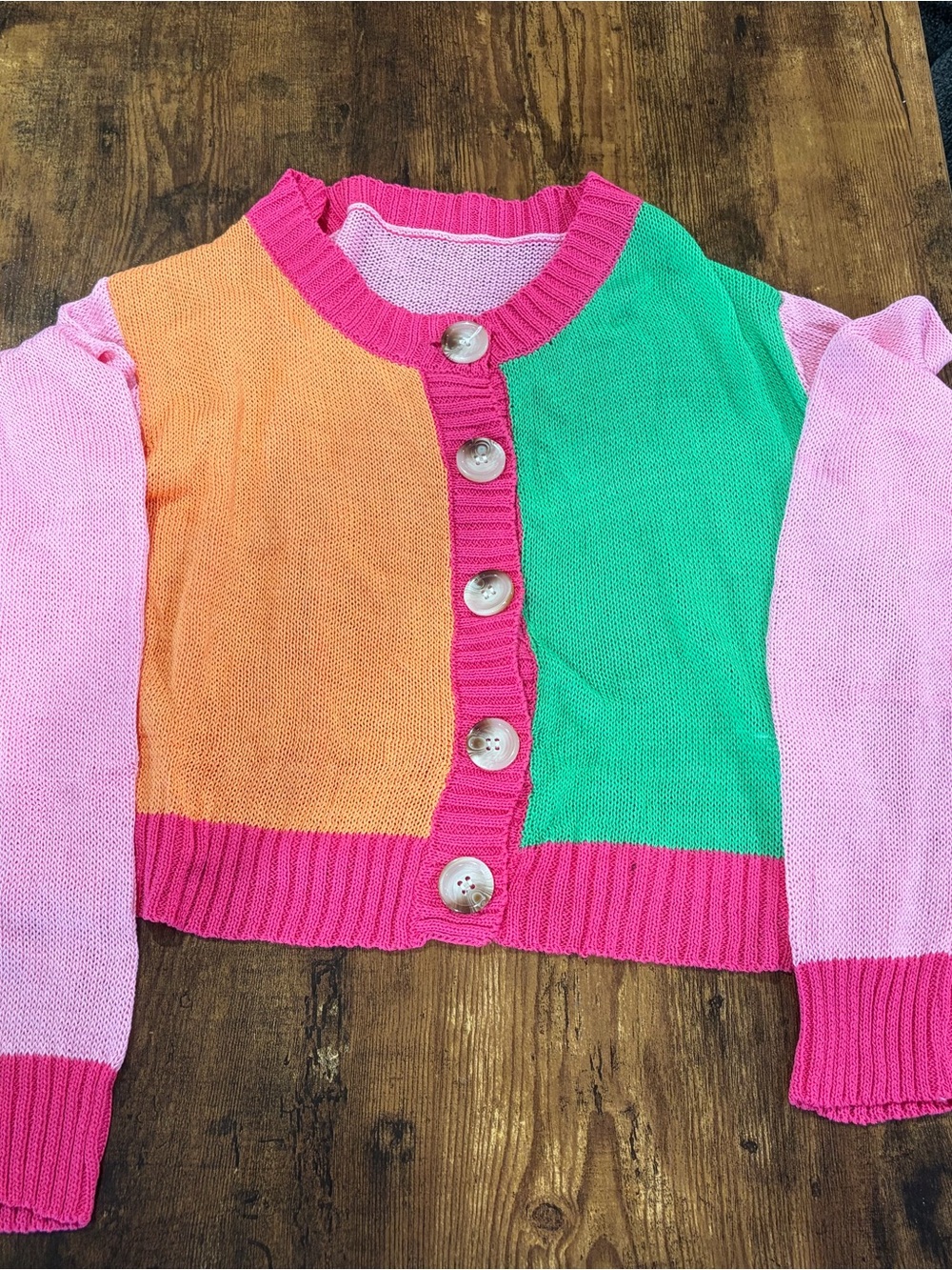 Colorblock Knit Cardigan - Pink, Orange, Green